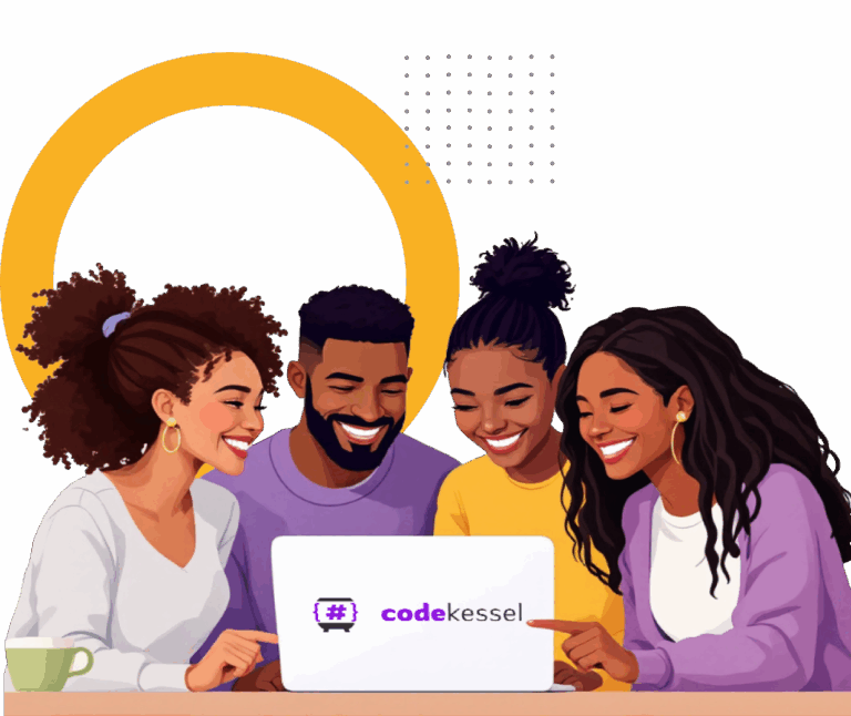Vier lächelnde Menschen schauen gemeinsam auf einen Laptop mit codekessel-Logo