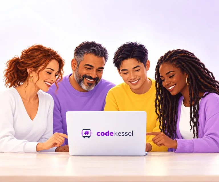 Illustration: Vier Erwachsene unterschiedlichen Alters lernen gemeinsam an einem Laptop mit codekessel-Logo.